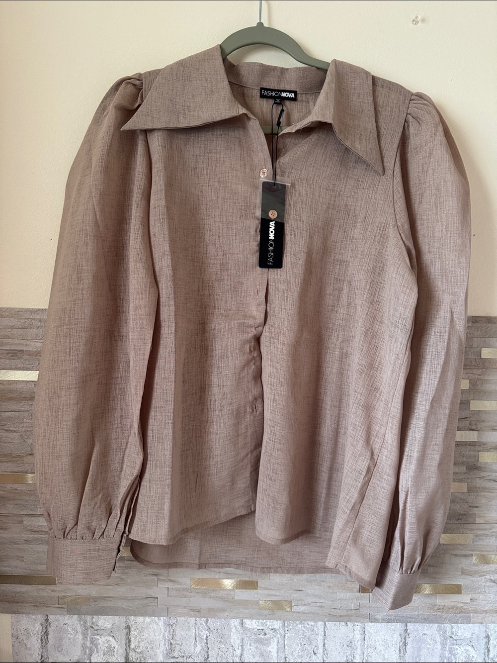 Fashion Nova Taupe Button-Front Linen-Blend Blouse